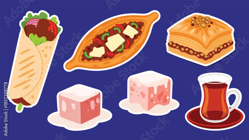 Cute Turkish kebab kawaii sticker pack in modern flat vector style. A lively world cuisine illustration ideal for menus, branding, packaging, and digital sticker sets
