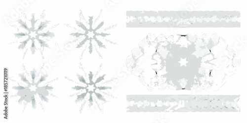 Silver snowflake patterns and abstract designs on a white background