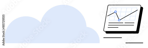 Large cloud beside tablet displaying an analytics graph with rising trendline. Ideal for technology, data sharing, innovation, cloud storage, digital progress, global access, simple flat metaphor