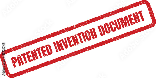 Red grunge rubber stamp showing PATENTED INVENTION DOCUMENT in a distressed texture on a clean surface