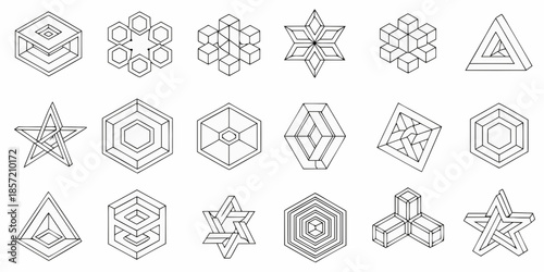 Isometric geometric shapes and optical illusions in a black and white design