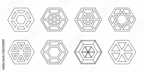 Geometric patterns of nested hexagons and overlapping lines in a grid layout