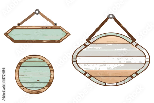 Faded red stripe wooden hanging signs, rustic vintage wood, ink outline and watercolor fill, cartoon-realistic style, blank surface