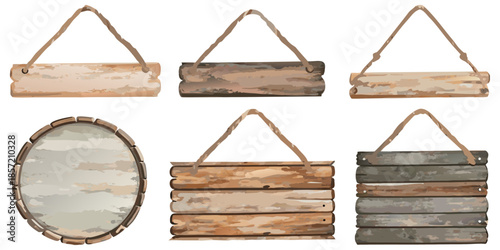 Rustic hanging wooden sign boards, soft watercolor painting style, wood grain texture, rope hanger, blank signs