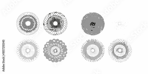 Arrangement of six grayscale circular designs with spiral and repetitive patterns