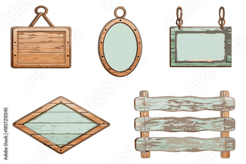 Rustic wooden signboards clipart pack, transparent background, soft shadow, watercolor and ink hybrid style, worn wood edges