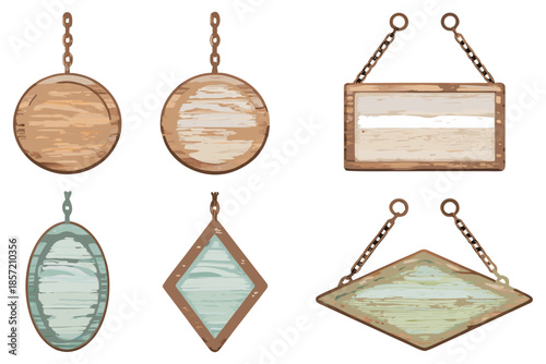 Studio-lit rustic hanging wooden signs, 3D watercolor effect, soft realistic shadows