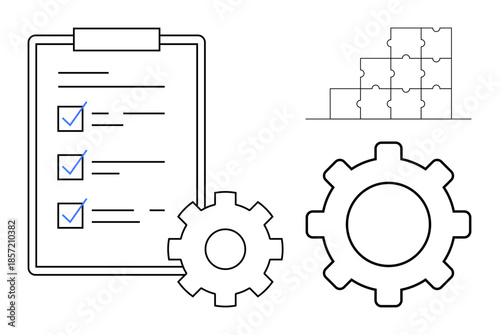 Task management concept. Task management with checklists, gear icons, and puzzle pieces workflows. Task management enhances productivity and organizational processes. For business, teamwork