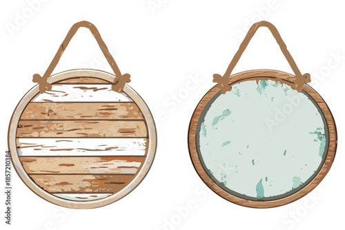 Vintage farmhouse wooden signboards, rope strings, rough wood grain, chipped paint, hand-painted watercolor and ink mix, soft shadow