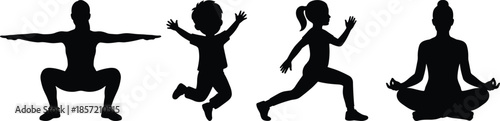 Family fitness silhouettes performing yoga, jumping and running poses, healthy lifestyle concept, parents and children activity, black shadow figures isolated background