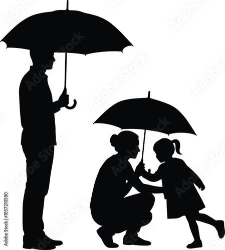 Family silhouettes sharing umbrellas in rain, parent protecting child with care, love and safety concept, black shadow figures isolated background