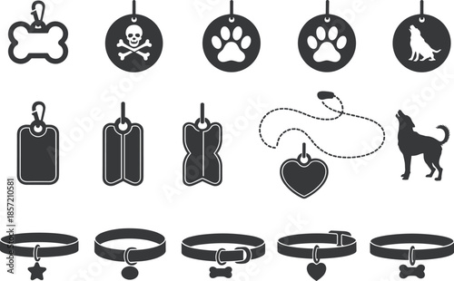 Collection of dog tags and pet collars with charms, whistles, paw prints, and accessories illustrating identification and canine care design