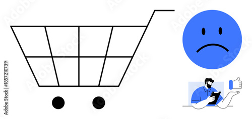 E-commerce, online shopping, user opinion, customer dissatisfaction, product reviews, digital marketing. Empty cart, sad face person with device and thumbs up icon. E-commerce and customer