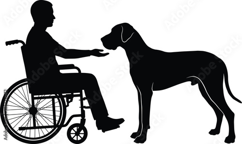 Man in wheelchair offering hand to dog silhouette, trust and companionship concept, disability inclusion, human animal bond, black shadow isolated background