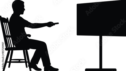 Man watching television silhouette with remote control, home entertainment and leisure concept, relaxed lifestyle, black shadow figure isolated white background