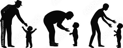 Parents encouraging toddlers first steps, loving guidance and support concept, family bonding moments, childhood development, black silhouette figures isolated background