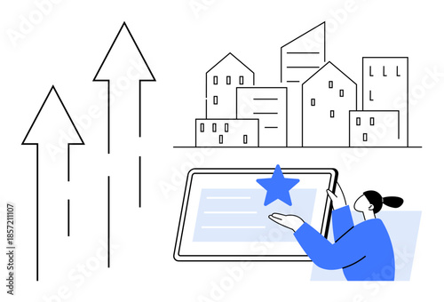 Business growth, real estate, digital services, urban planning, innovation, city management. Arrows pointing upward, cityscape and a person interacting with a tablet. Business growth and real estate