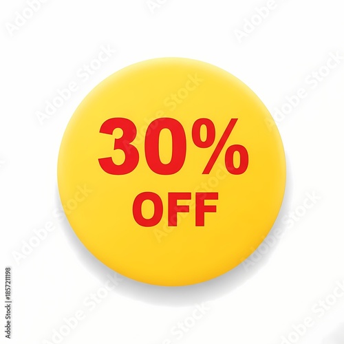 A vibrant yellow discount sticker displaying 30% off in bold red letters on a clean white background