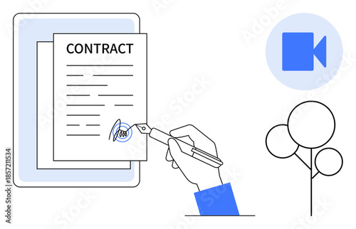 Document management, digital contracts, remote work, online agreements, e-signature, virtual meetings. A hand signs a contract on a digital device. Document management and digital contracts concept