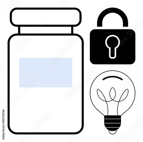 Data security, intellectual property, innovation, creative solutions, product packaging, and safety. An image with a bottle, lock and light bulb icons. Data security and intellectual property