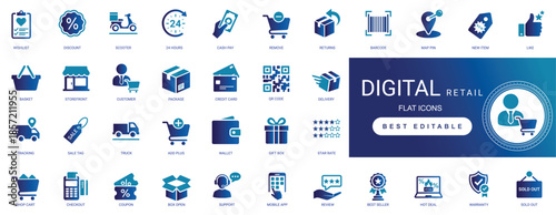 Digital retail marketplace flat icon set featuring online shopping store, e-commerce mobile app, vendor delivery service, and discount sale editable vector icons.