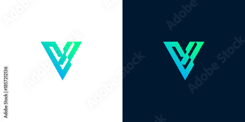 Modern Geometric 'V' Letter Logo with Gradient Colors on White and Dark Backgrounds