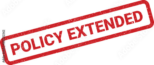Red textured rubber stamp graphic displaying the phrase policy extended for official document notifications