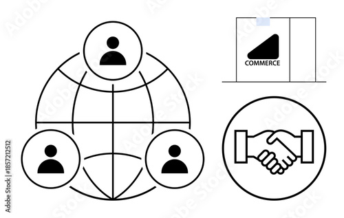 Business networking. Business icons global network, commerce signage, and handshake symbol. Business networking for partnerships, trade, collaboration, and global connections