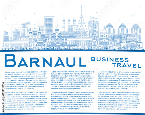 Outline Barnaul Russia city skyline with blue buildings and copy space. Illustration. Barnaul cityscape with landmarks. Business travel and tourism concept with modern and historic architecture.
