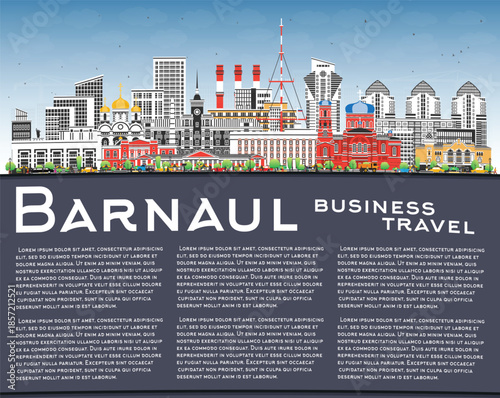 Barnaul Russia city skyline with color buildings, blue sky and copy space. Illustration. Barnaul cityscape with landmarks. Business travel and tourism concept with modern and historic architecture.