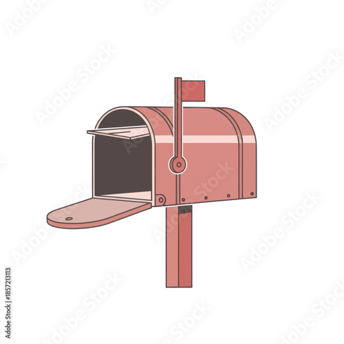 An open red mailbox with its flag raised.