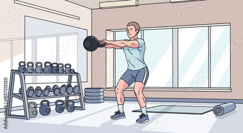 Man doing kettlebell swing in a gym with weights rack.