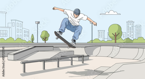 Skateboarder performs trick in outdoor urban skatepark.