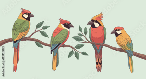 Four colorful tropical birds perched on a branch