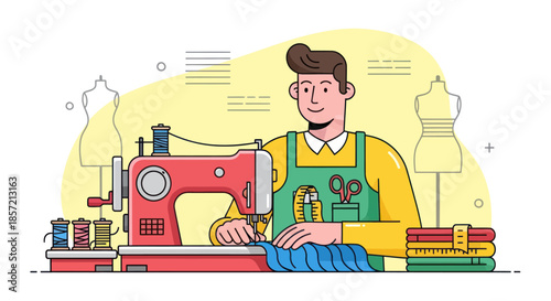 Male tailor at work sewing clothes on a machine in his workshop