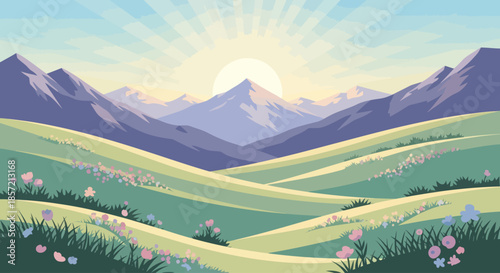 Sunrise over a peaceful mountain landscape with rolling hills and spring flowers.