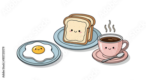 Cute and happy breakfast set illustration with smiling food characters.