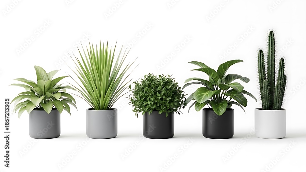 Fototapeta premium Five Potted Plants on White Background