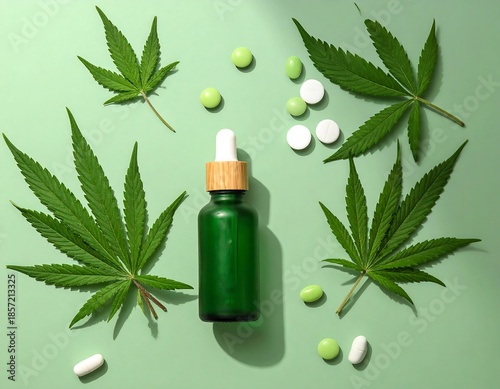 Green glass bottle with dropper surrounded by cannabis leaves & pills on a green surface