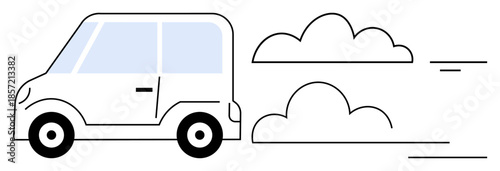 Transportation concept. Small car speeding with motion lines and smoke showing movement. Transportation travel and speed for vehicle efficiency, delivery, and modern mobility