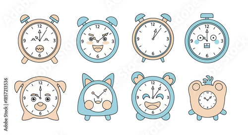 Collection of cute alarm clocks with funny faces and different designs.