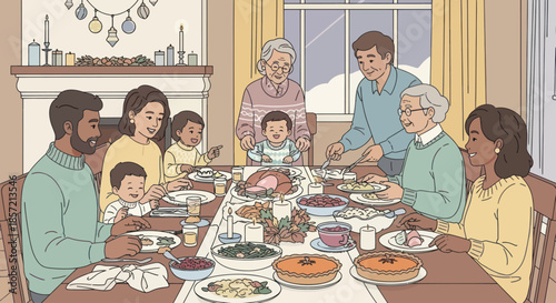 Multi-generation family enjoys a festive holiday meal together.