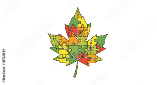Maple leaf made of colorful puzzle pieces.