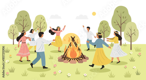 People dancing around a bonfire during a summer festival celebration.