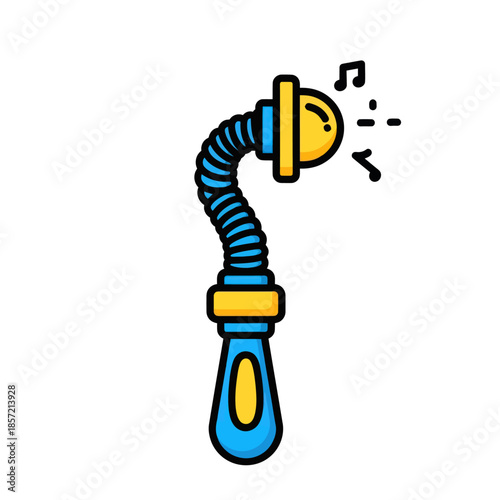 A colorful baby rattle with musical notes emanating from it.