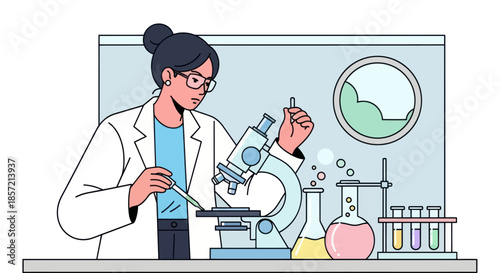 Scientist conducting experiment with microscope and test tubes in laboratory.
