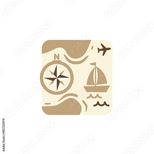 Illustration of travel icons including a compass, sailboat, and airplane.