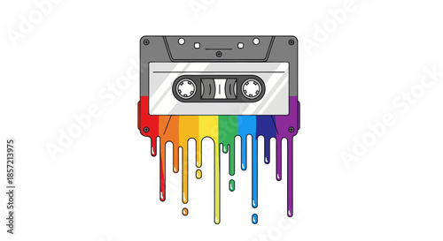Dripping rainbow audio cassette tape on white background.