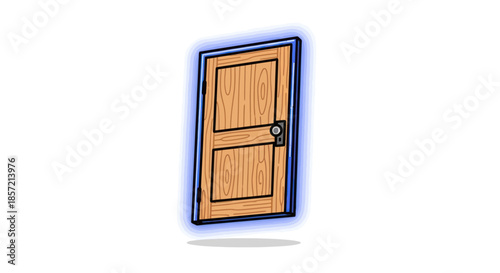 Open wooden door with glowing blue light and shadow