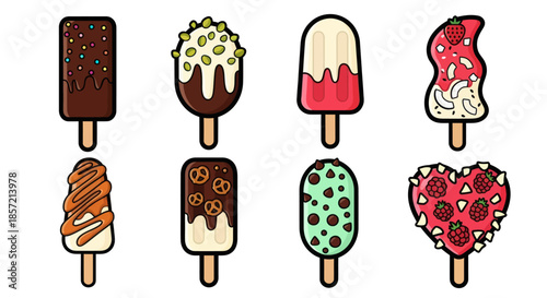 Collection of diverse ice cream popsicles with various toppings